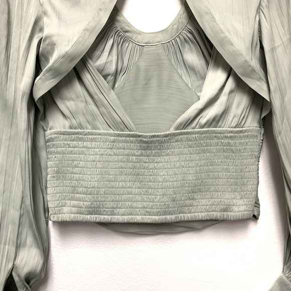 Anthropologie Open Back Corset Style Blouson Sleeve Blouse XXS Silky Ruched Mint - Picture 10 of 12